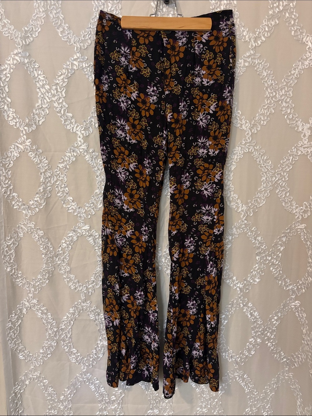 Free People Black Floral Boot-Cut Pants with Brown & Purple Print